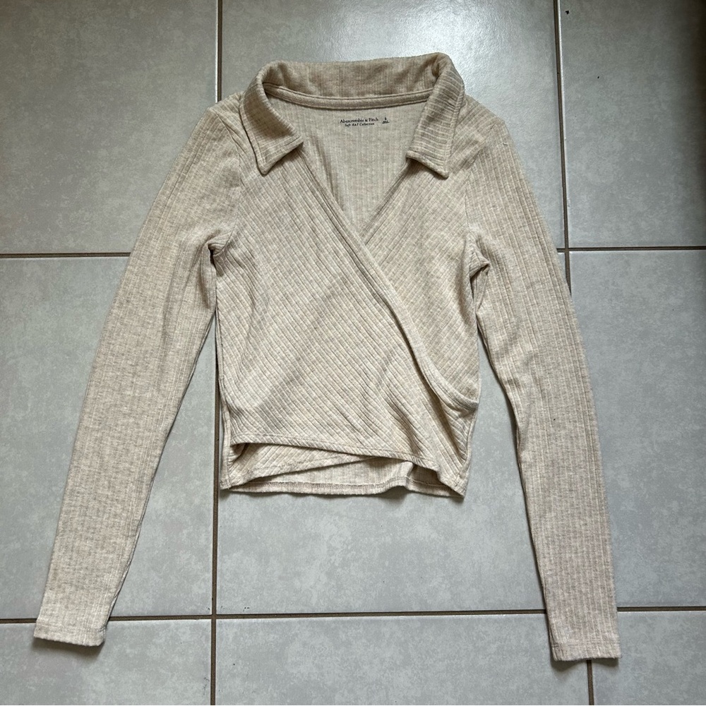 Long-Sleeve Ribbed Polo Wrap Top